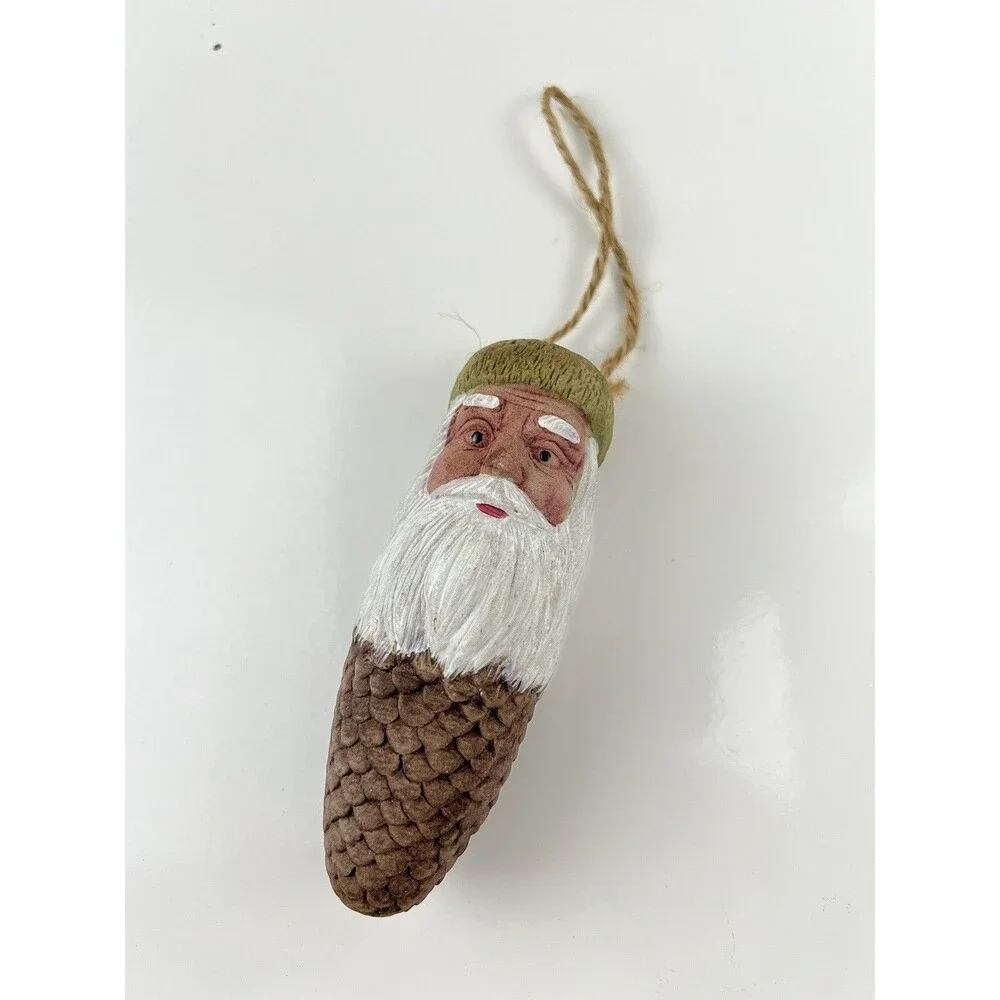 Folk Art Santa Pinecone Ceramic Ornament Handpainted Rustic Farmhouse Decor 9”